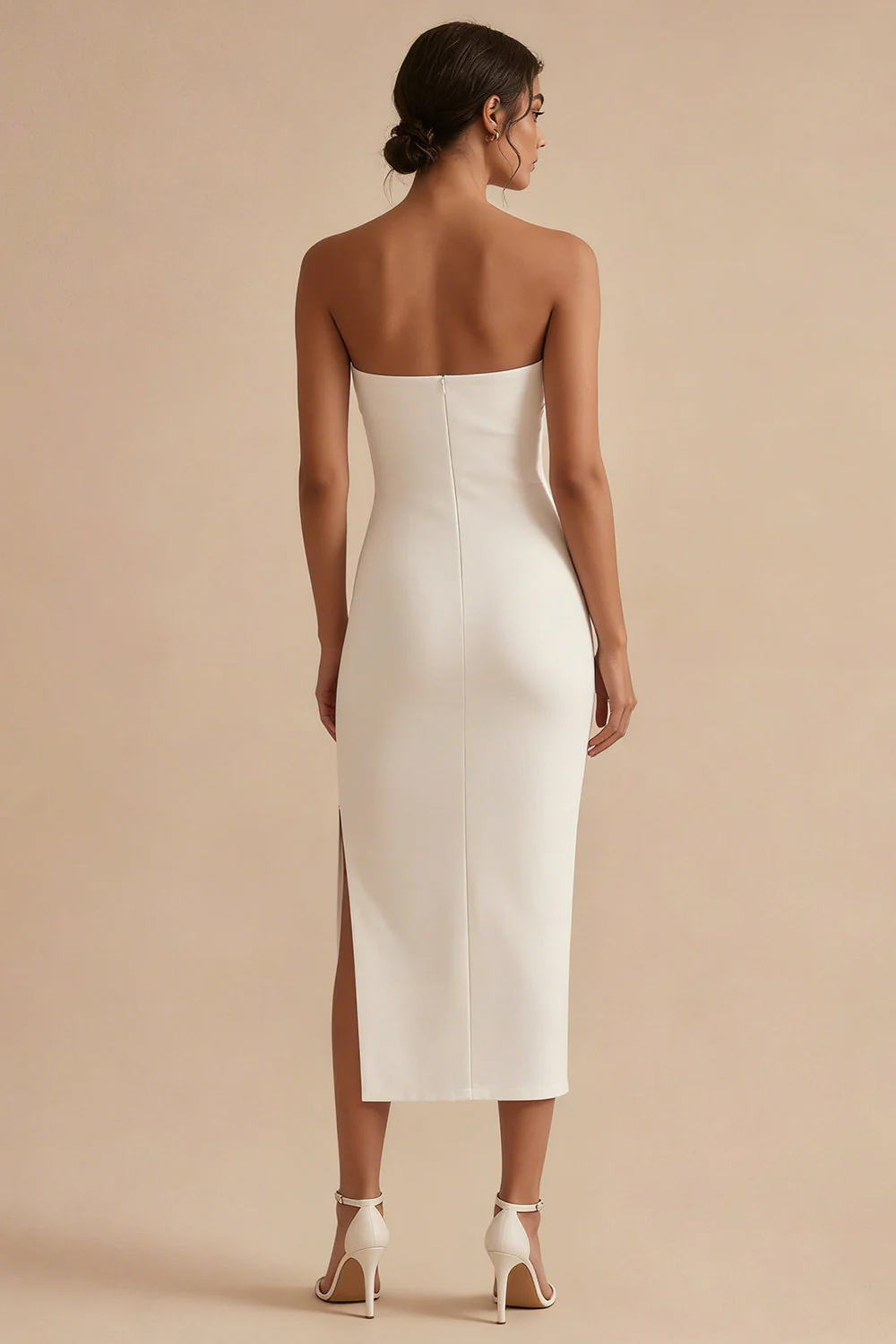 White Strapless Long Bodycon Engagement Dress with Slit - Image 2