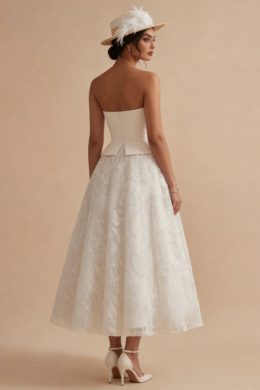 Strapless White Floral A Line Long Boho Wedding Dress - Image 2