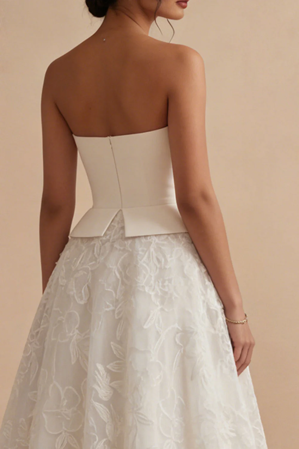 Strapless White Floral A Line Long Boho Wedding Dress - Image 4