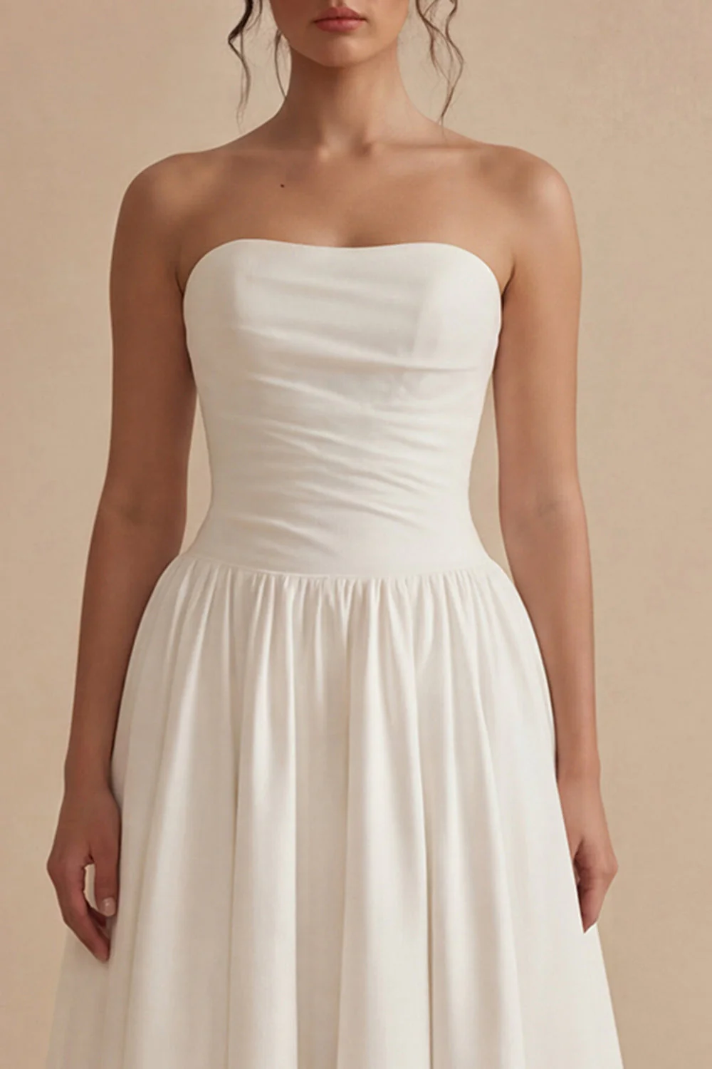 White Strapless Ruched A Line Maxi Engagement Dress - Image 3