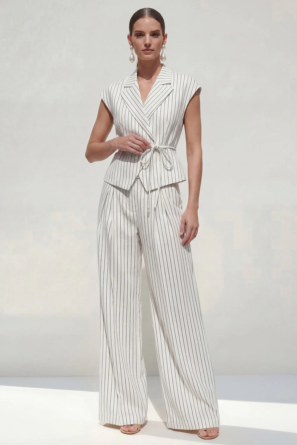 White Striped Notched Lapel 2 Piece Womens Work Suits - Image 3