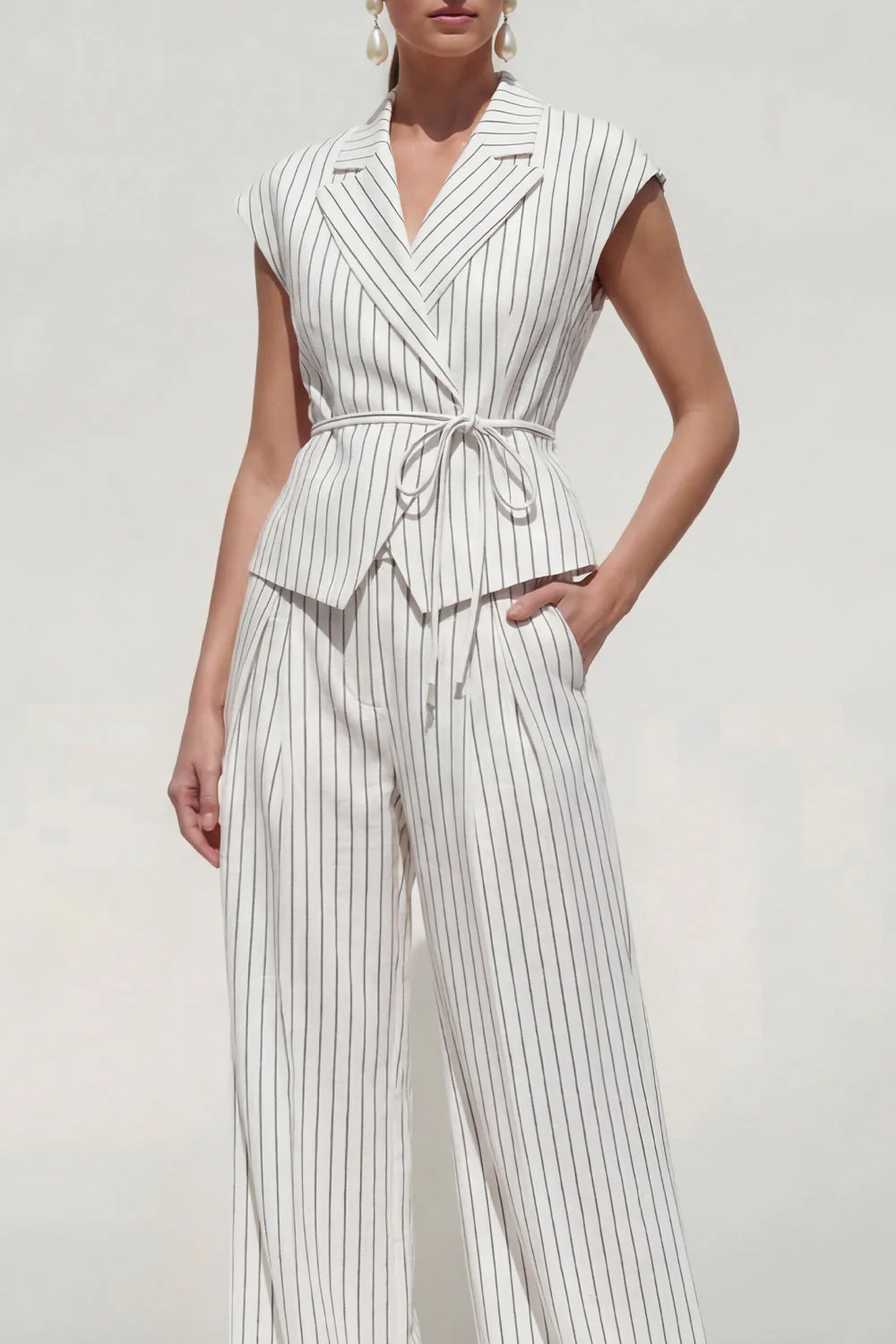 White Striped Notched Lapel 2 Piece Womens Work Suits - Image 4