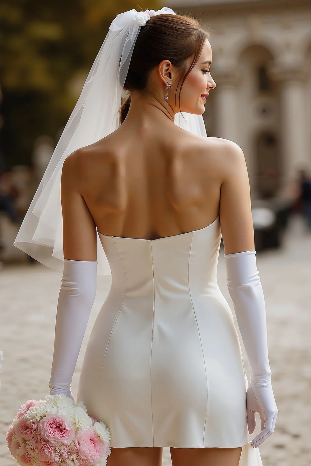 White Sweetheart Bodycon Satin Short Wedding Dress with Bow (without Gloves)) - Image 2