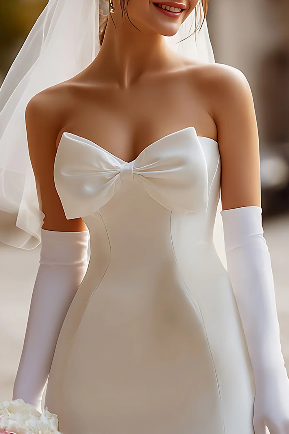 White Sweetheart Bodycon Satin Short Wedding Dress with Bow (without Gloves)) - Image 3