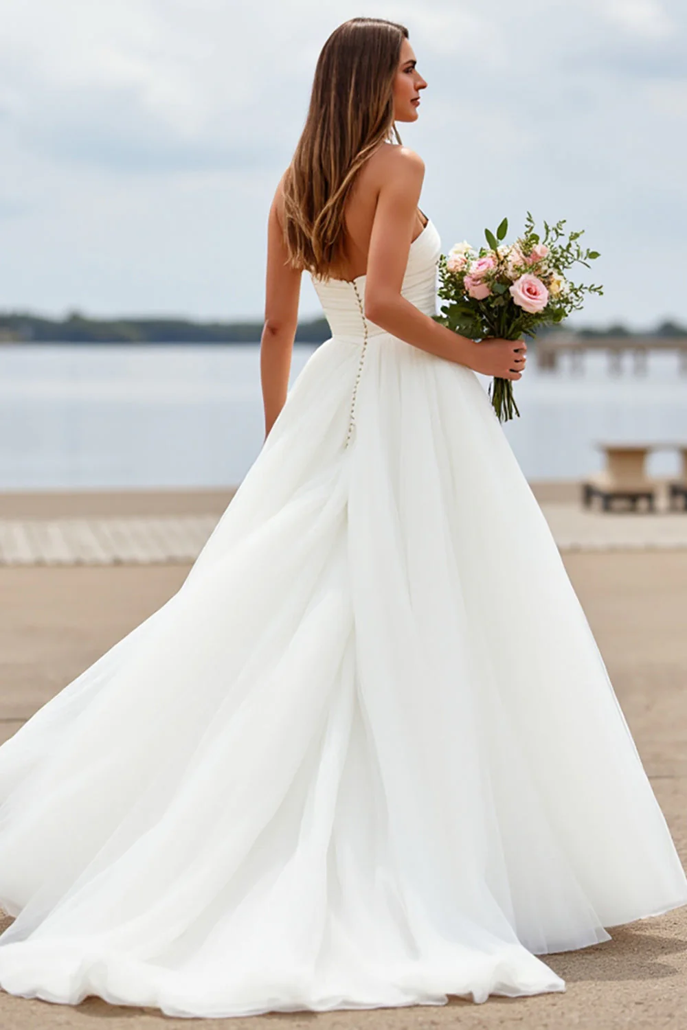 White Sweetheart Tulle A Line Boho Sweep Train Wedding Dress - Image 2
