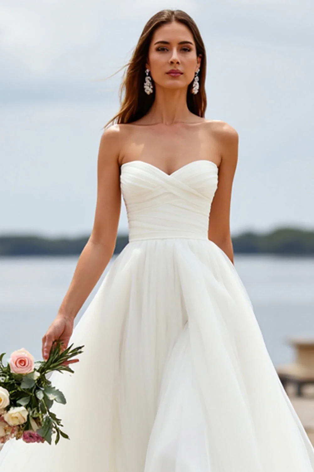 White Sweetheart Tulle A Line Boho Sweep Train Wedding Dress - Image 3