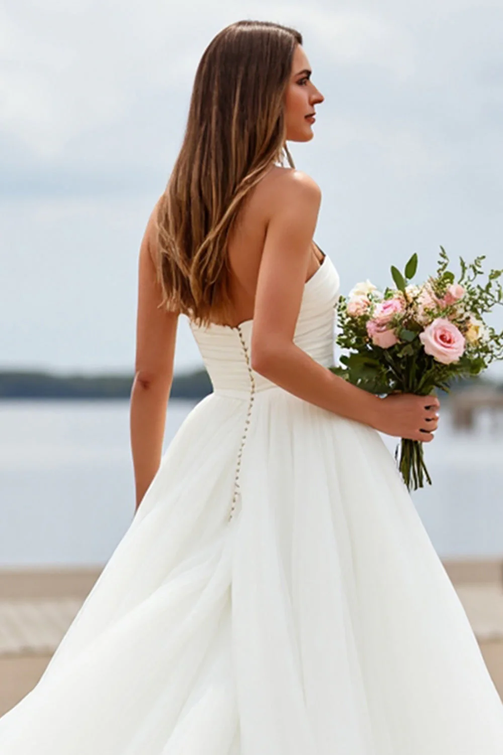 White Sweetheart Tulle A Line Boho Sweep Train Wedding Dress - Image 4