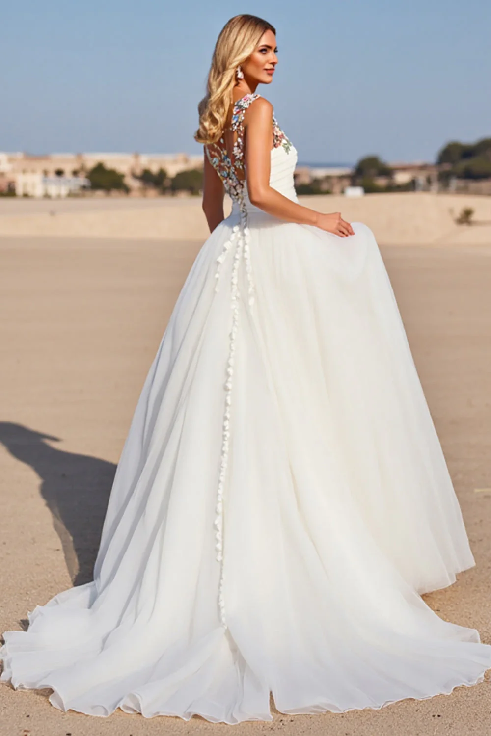 White Tulle A Line Boho Sweep Train Wedding Dress with Applique - Image 2