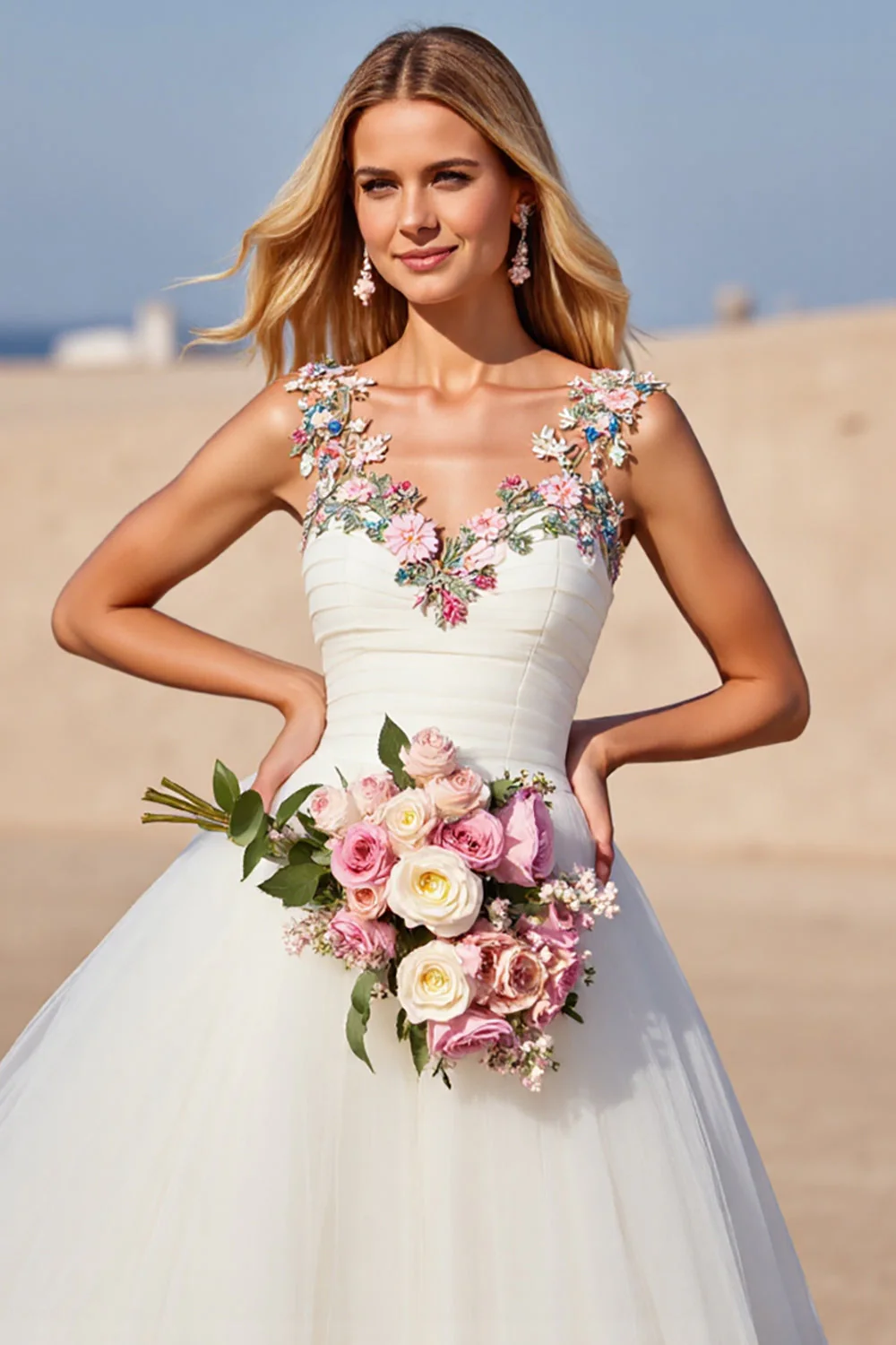 White Tulle A Line Boho Sweep Train Wedding Dress with Applique - Image 3