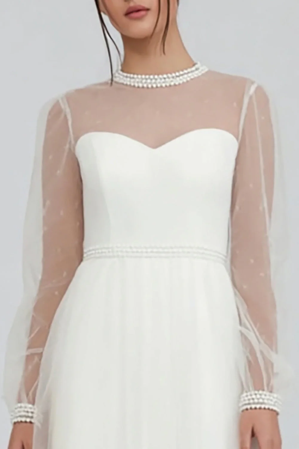 White Tulle A Line Midi Engagement Dress with Long Sleeves - Image 2