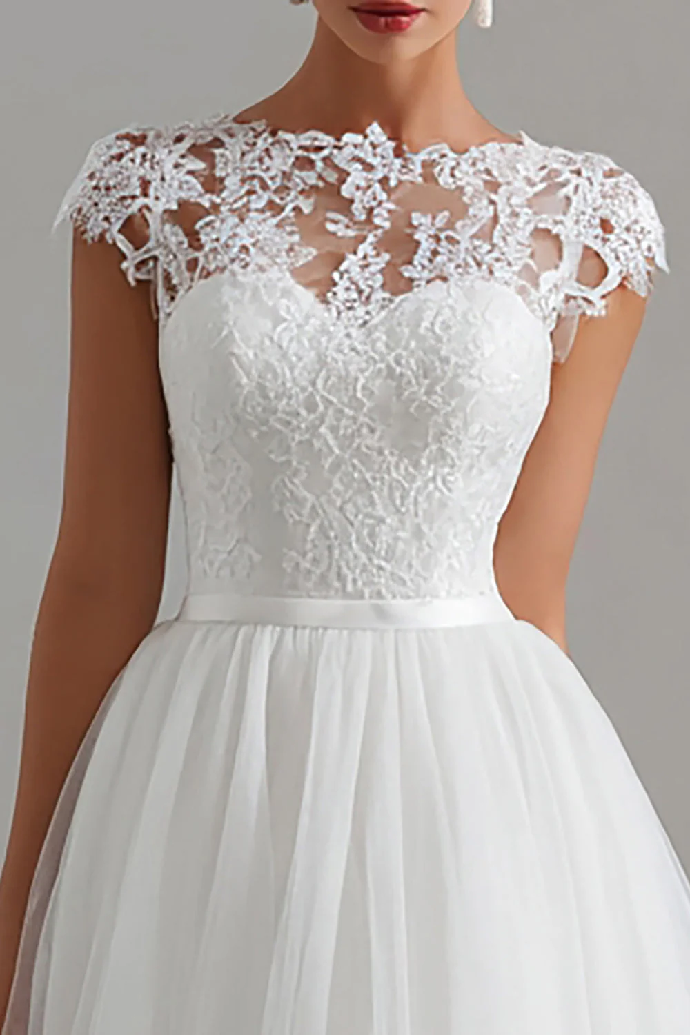 White Tulle A Line Midi Rehearsal Dinner Dress with Lace - Image 2