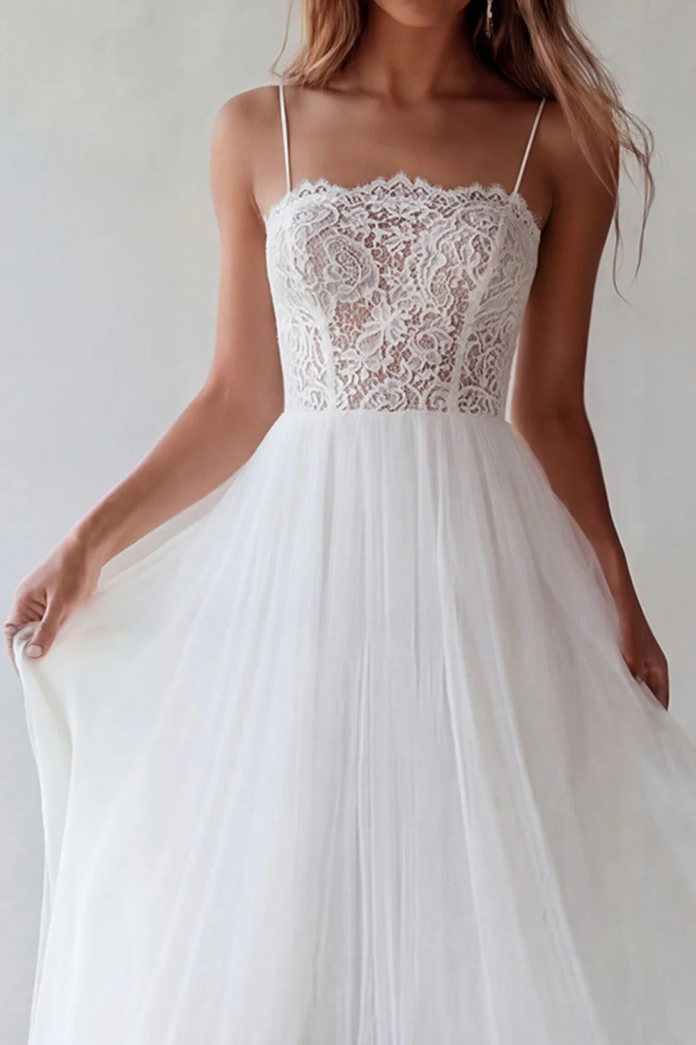 White Tulle A-Line Spaghetti Straps Engagement Dress with Lace - Image 3