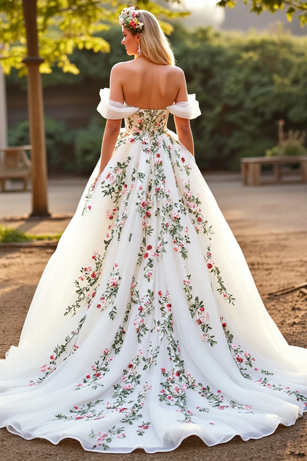 White Tulle Off the Shoulder Sweep Train Floral Wedding Dress - Image 2