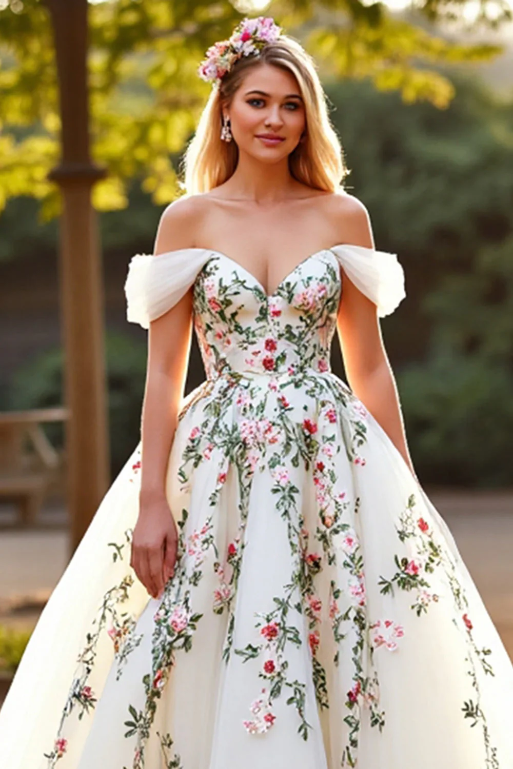 White Tulle Off the Shoulder Sweep Train Floral Wedding Dress - Image 3