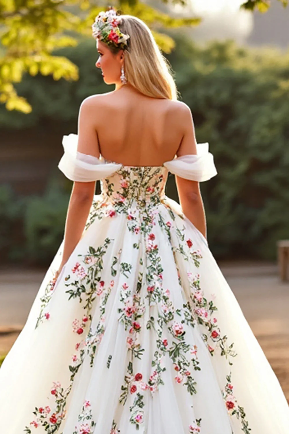 White Tulle Off the Shoulder Sweep Train Floral Wedding Dress - Image 4