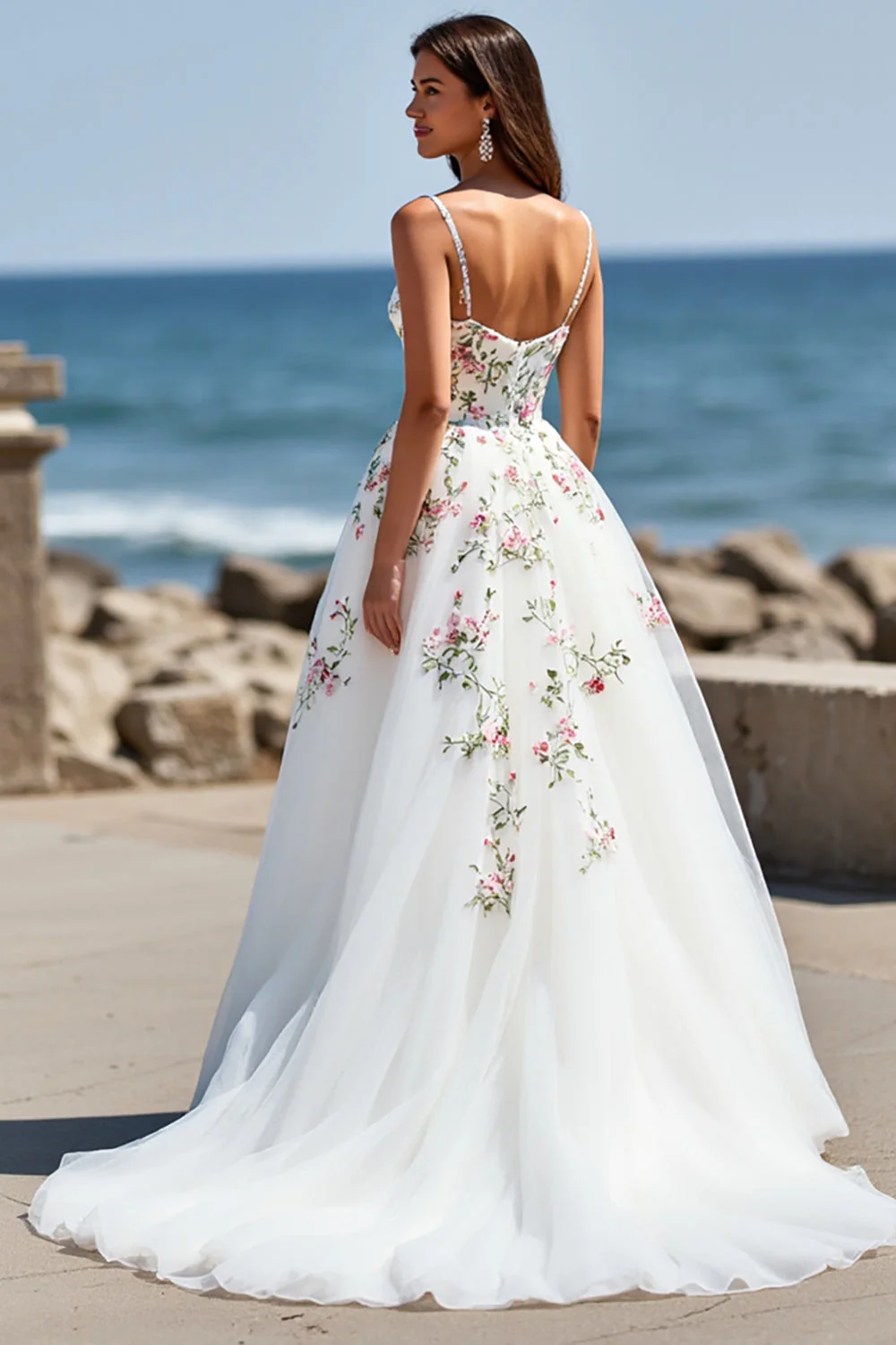 White Tulle V-Neck Boho Floral Sweep Train Wedding Dress - Image 2