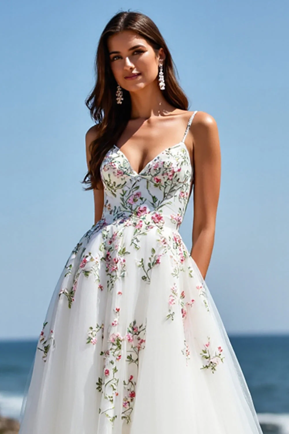 White Tulle V-Neck Boho Floral Sweep Train Wedding Dress - Image 3