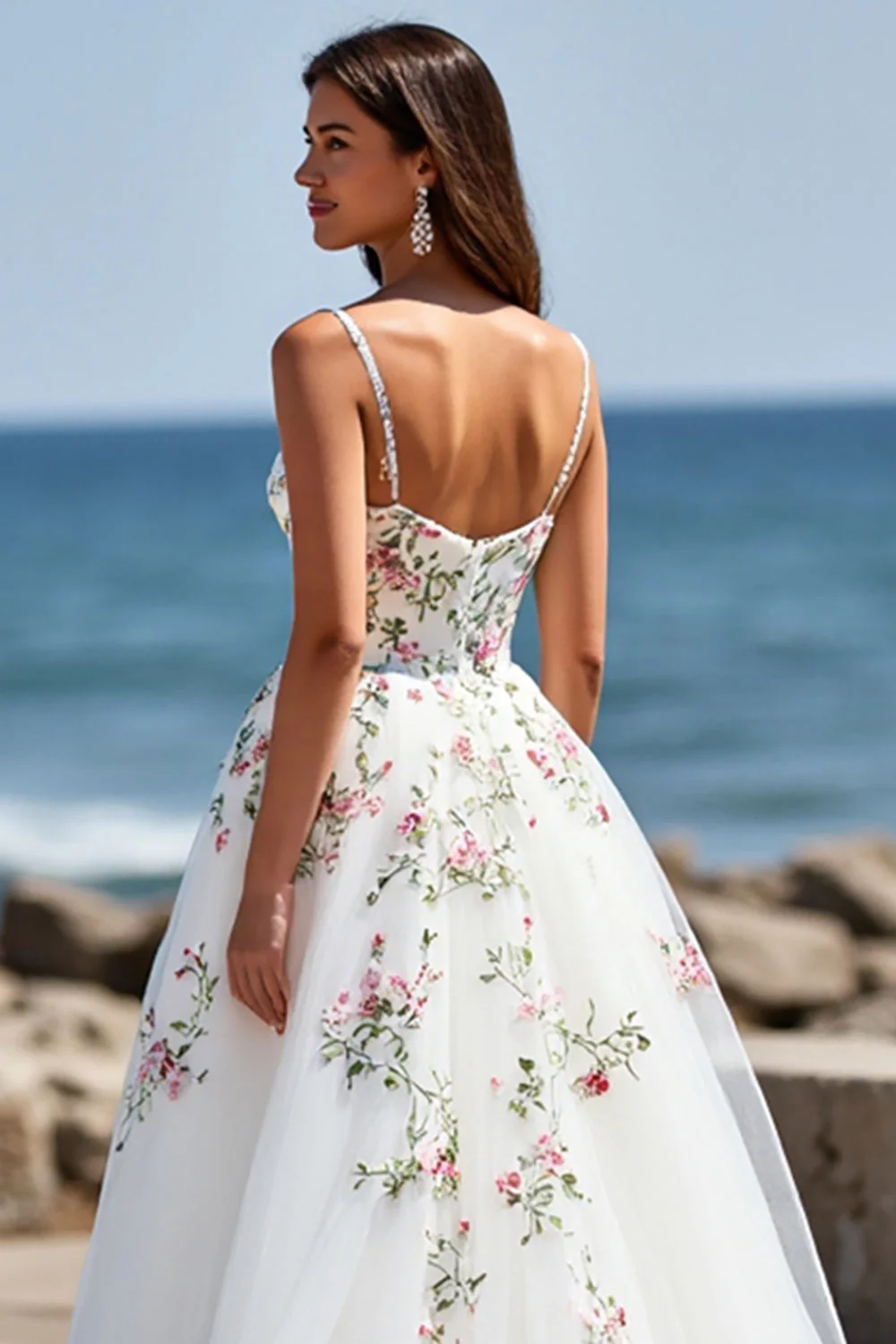 White Tulle V-Neck Boho Floral Sweep Train Wedding Dress - Image 4