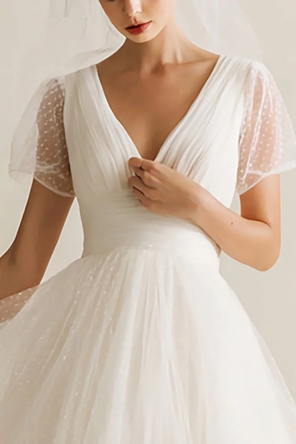 White V-Neck A Line Dotted Tulle Midi Wedding Dress - Image 2