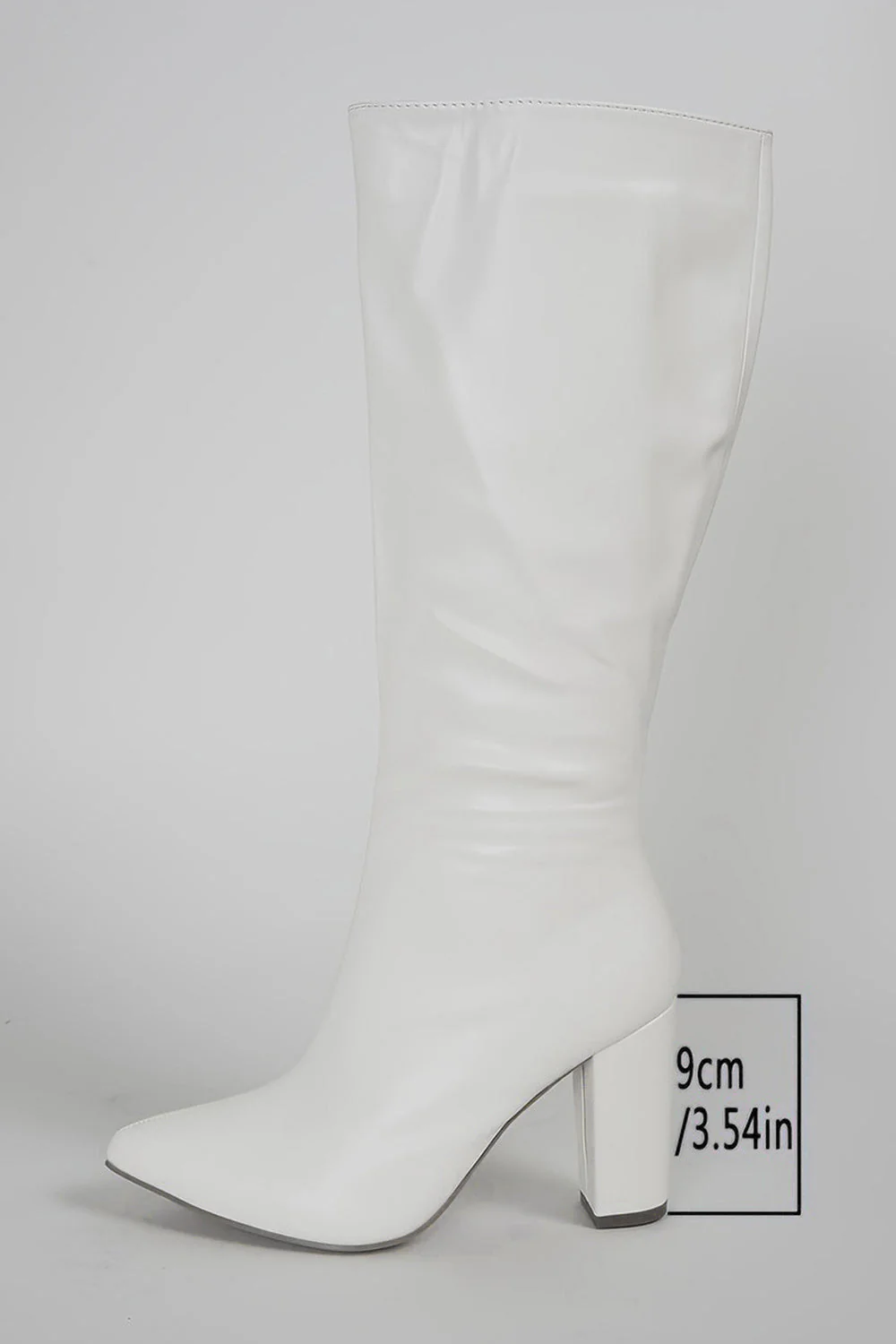 White Wide Calf Pointed Toe Knee High Chunky Heel Boots - Image 7