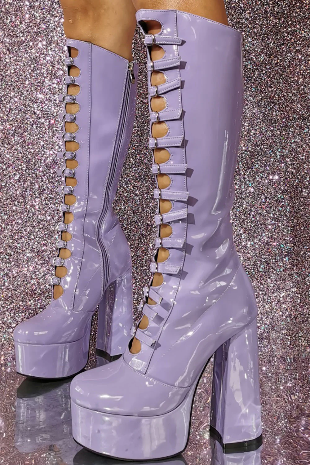 Women's Black Front Hollow Buckle Chunky Heel Knee High Boots - Image 7