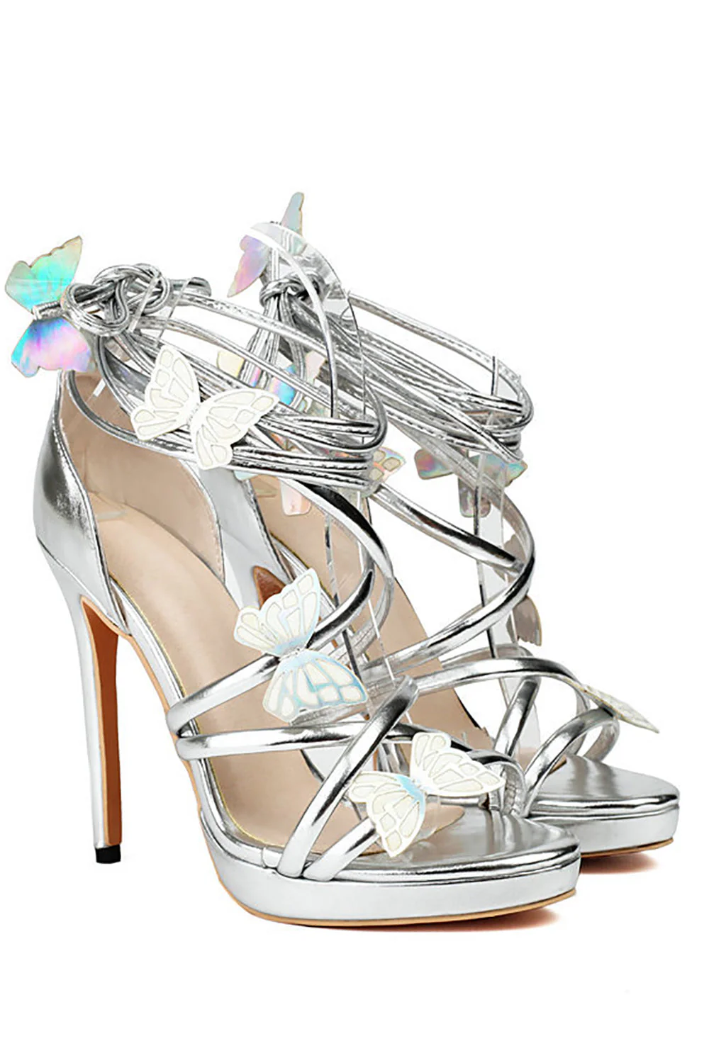 Women's Golden Metallic Strappy Stilletos Heels Sandals Shoes with Butterfly - Image 14