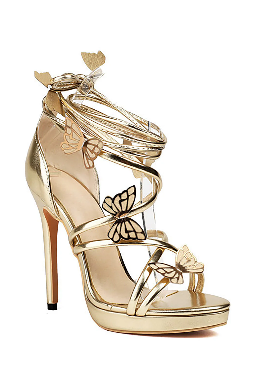 Women's Golden Metallic Strappy Stilletos Heels Sandals Shoes with Butterfly - Image 4