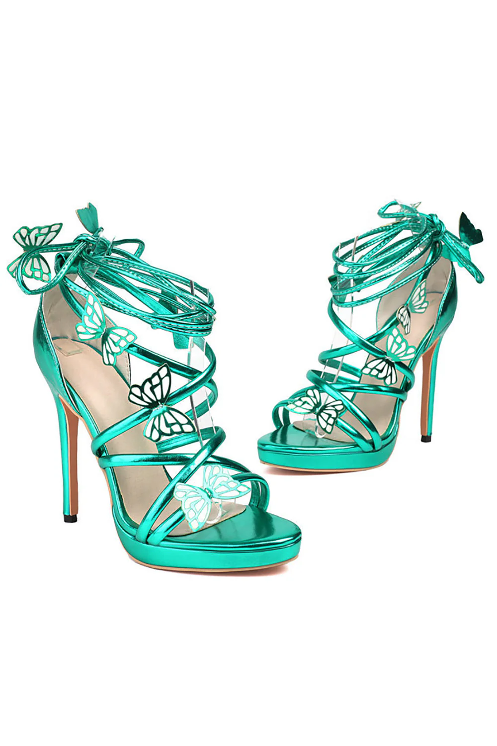 Women's Golden Metallic Strappy Stilletos Heels Sandals Shoes with Butterfly - Image 9