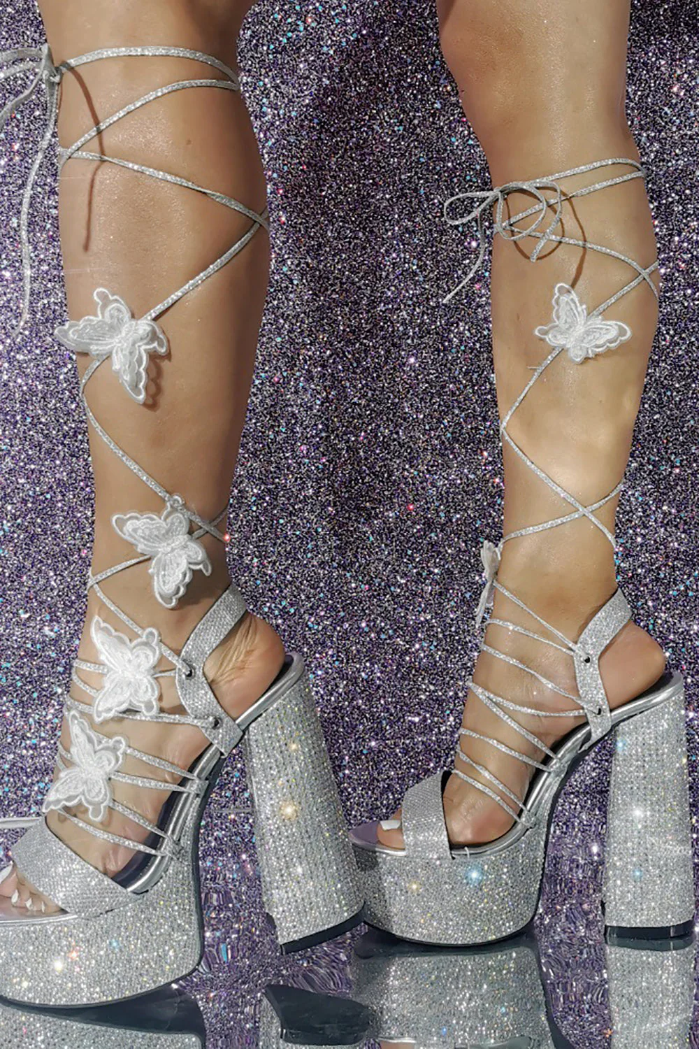 Women's Sparkly Silver Beaded Strappy Chunky Heel Sandal Pump with Butterfly - Image 3