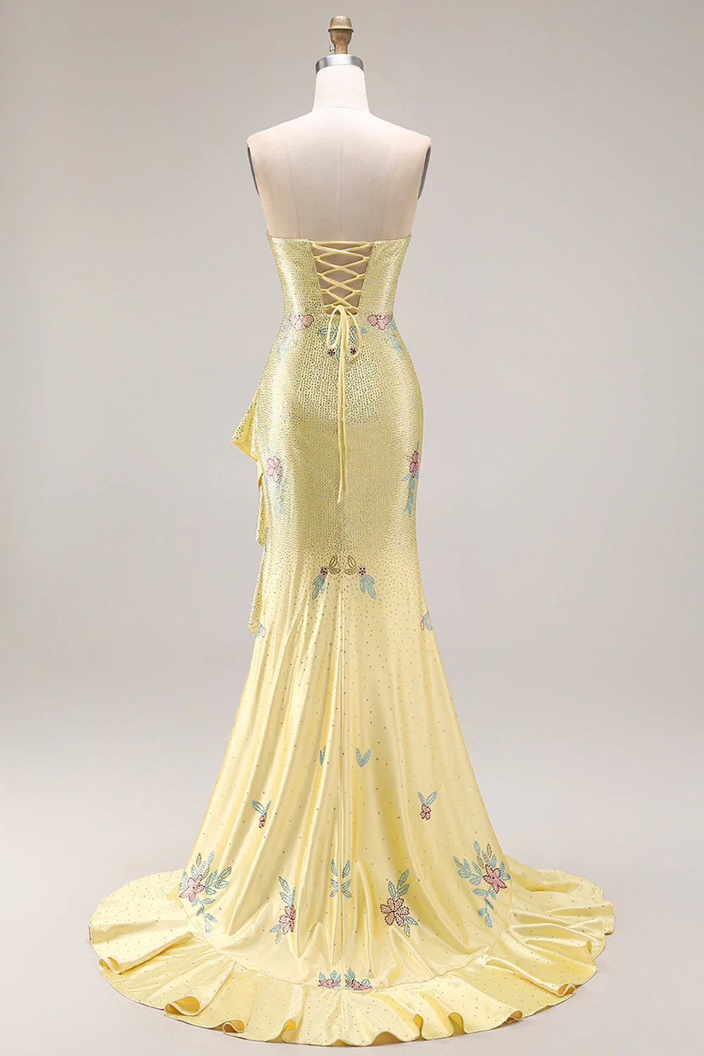 Yelllow Beaded Mermaid Long Prom Dress with Ruffled Slit - Image 2
