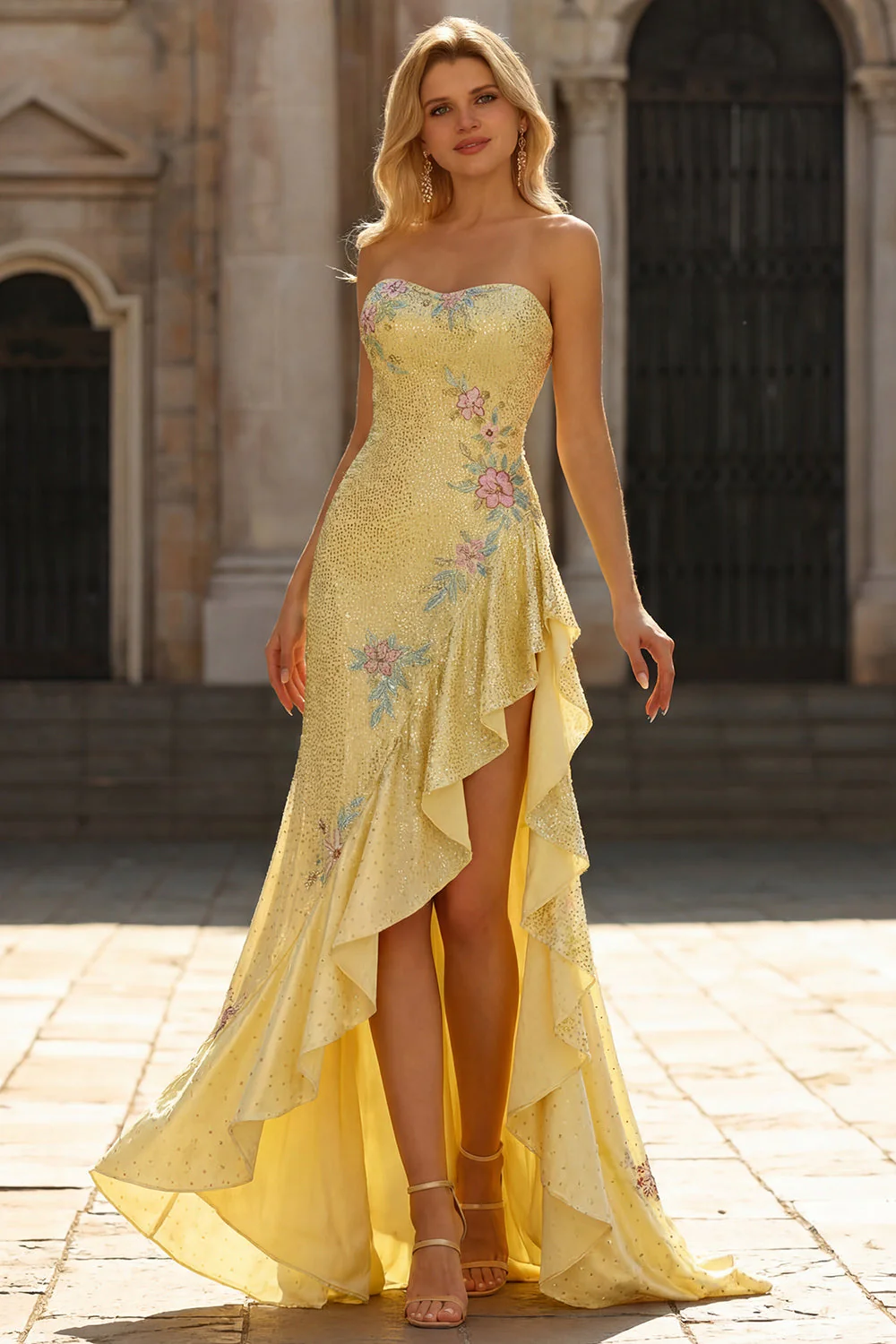 Yelllow Beaded Mermaid Long Prom Dress with Ruffled Slit - Image 3