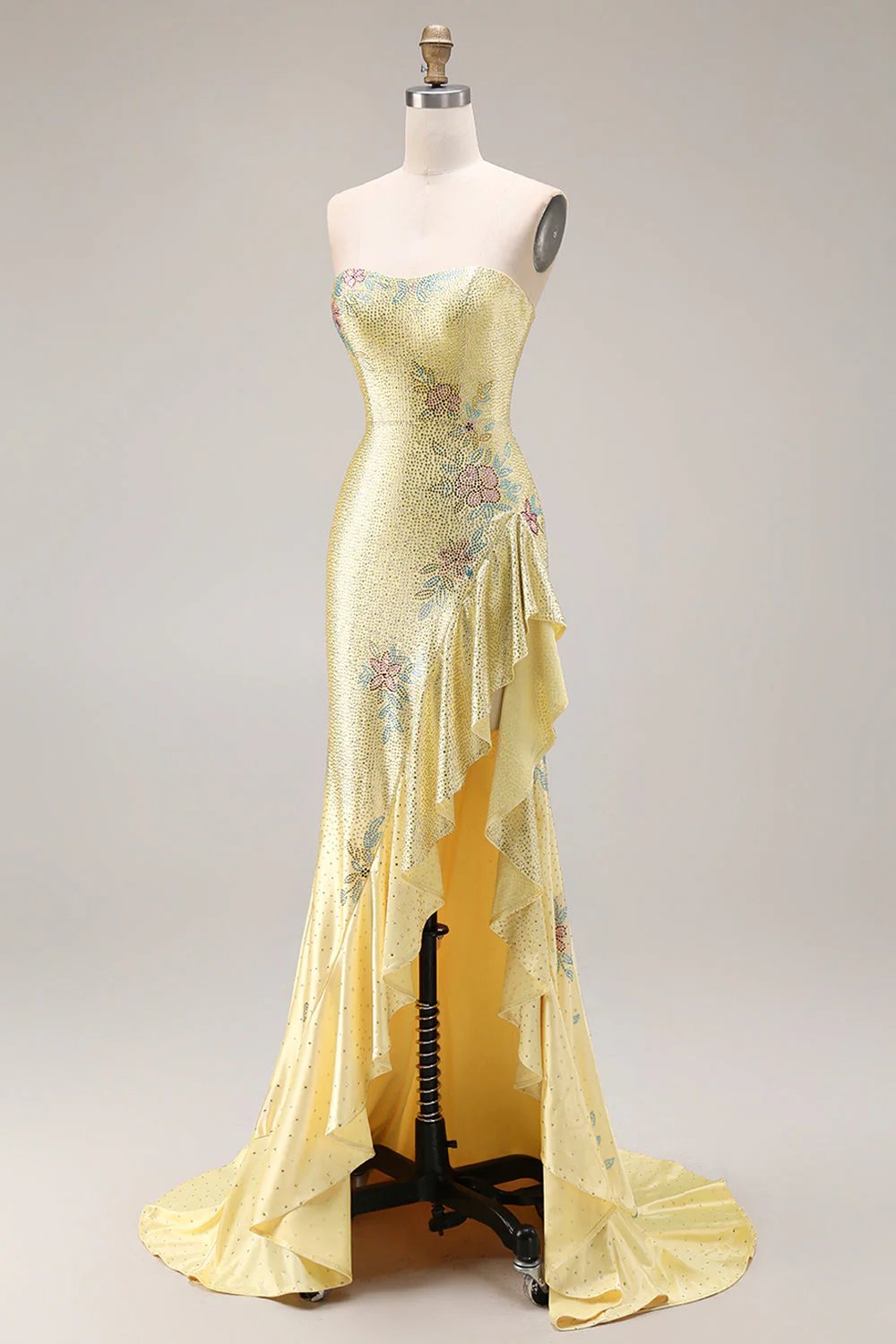 Yelllow Beaded Mermaid Long Prom Dress with Ruffled Slit - Image 5