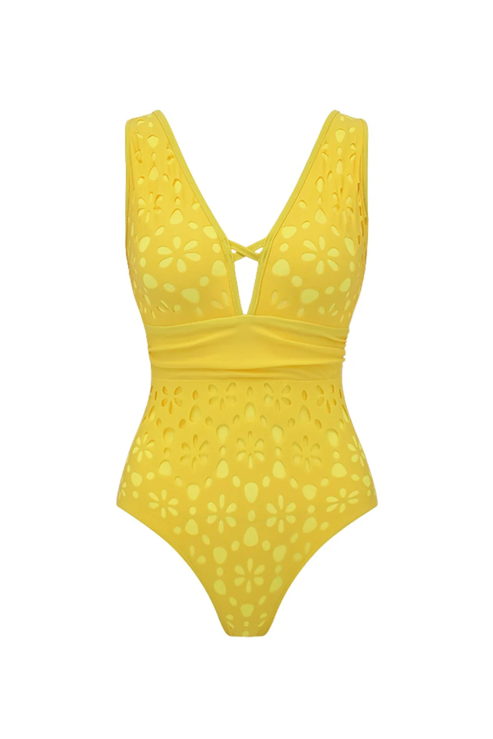 Yellow 2 Piece V-Neck Cut Out Swimsuit with Beach Dress - Image 2