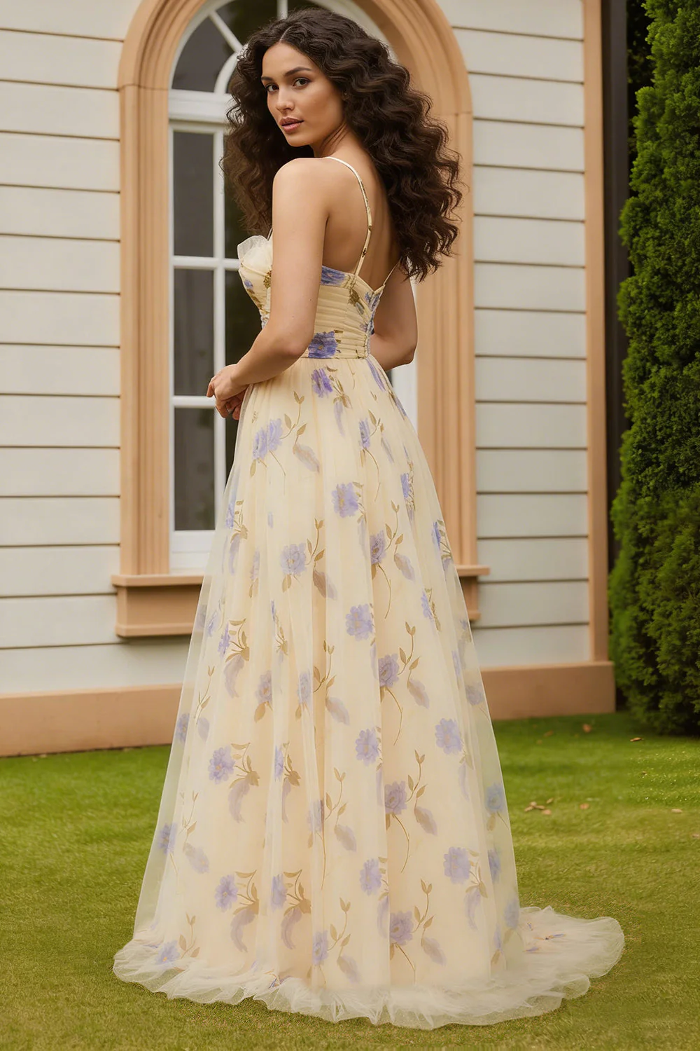 Yellow A-Line Floral Cut Out 3D Flower Long Prom Dress with Slit - Image 2