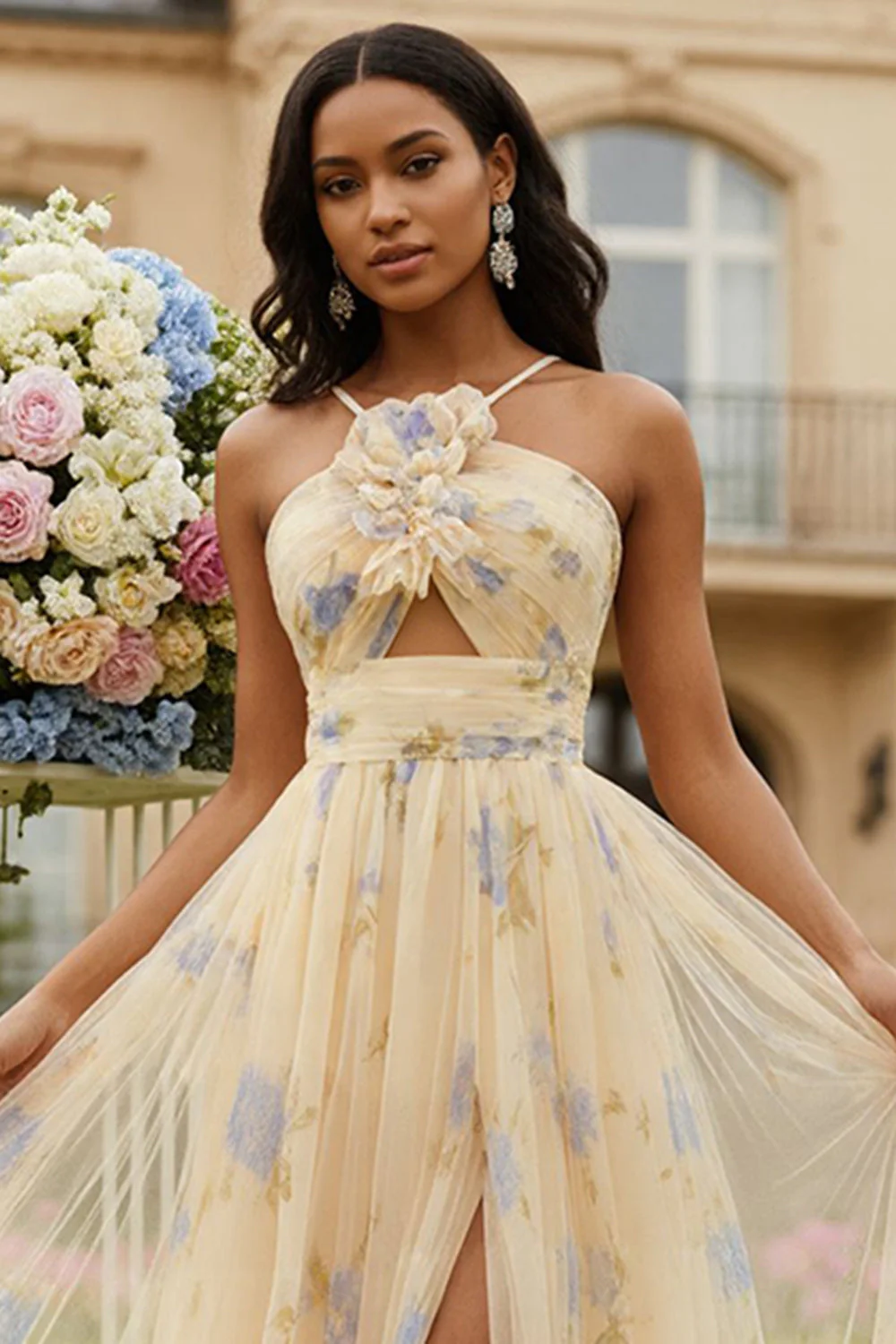 Yellow A-Line Floral Cut Out 3D Flower Long Prom Dress with Slit - Image 3