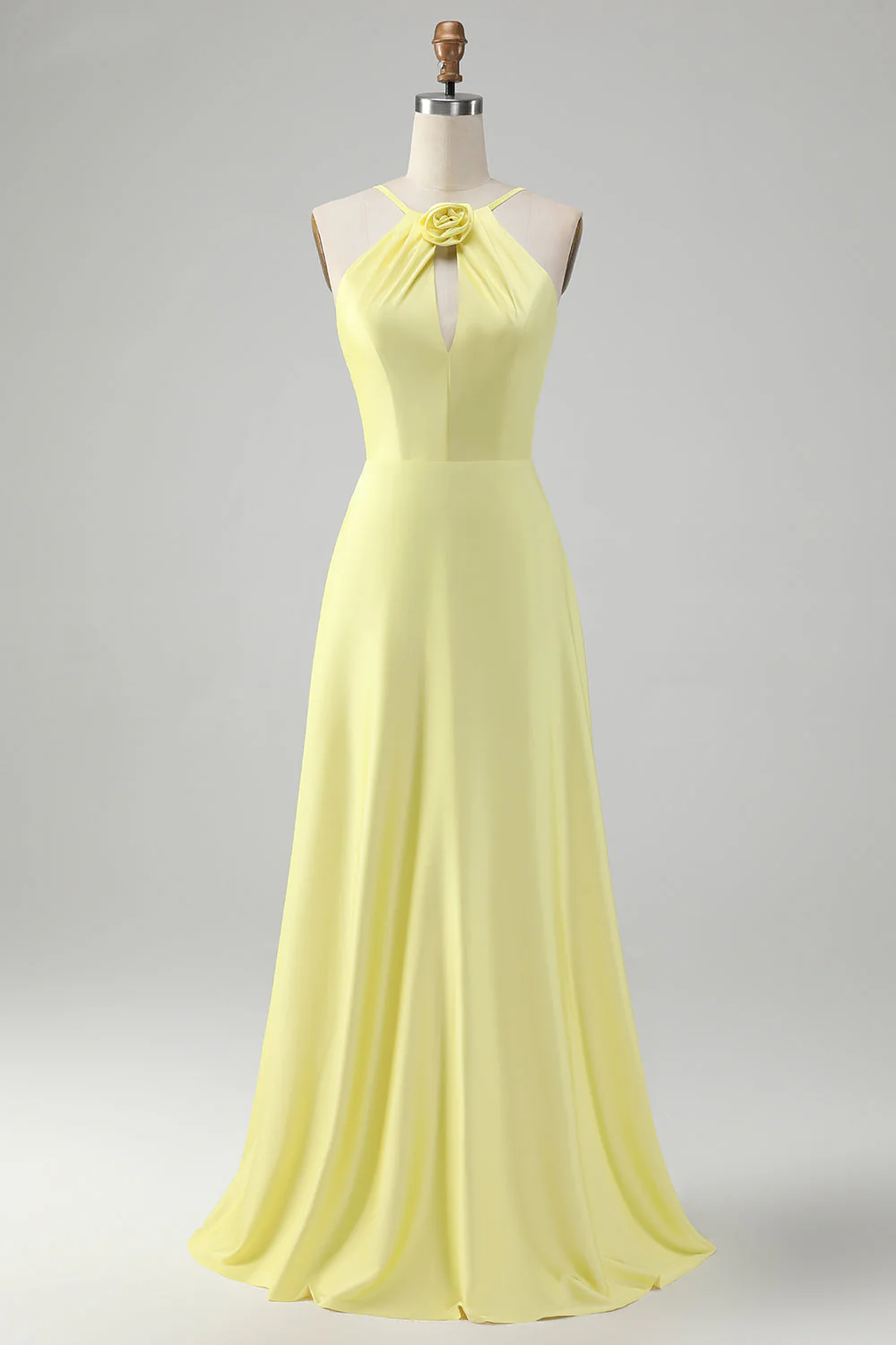 Yellow A Line Halter Kehole Backless Long Bridesmaid Dress with Flower - Image 3