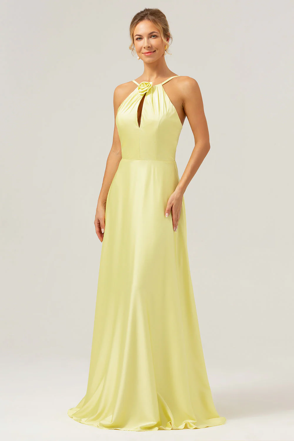 Yellow A Line Halter Kehole Backless Long Bridesmaid Dress with Flower - Image 5