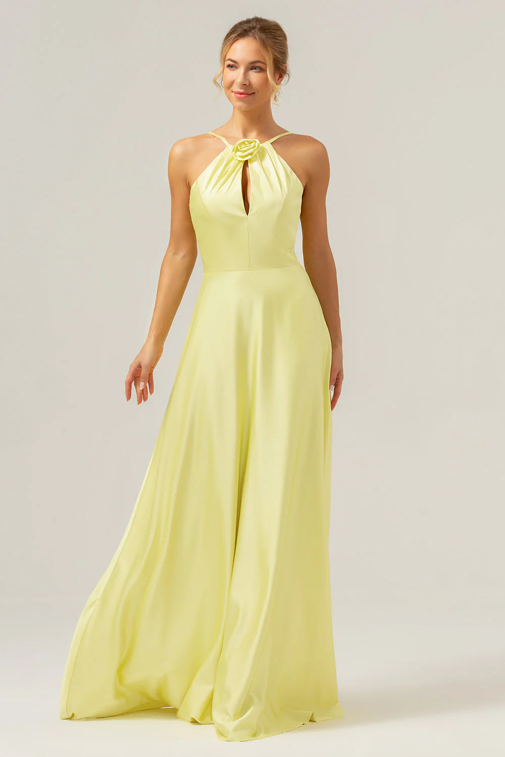 Yellow A Line Halter Kehole Backless Long Bridesmaid Dress with Flower - Image 6