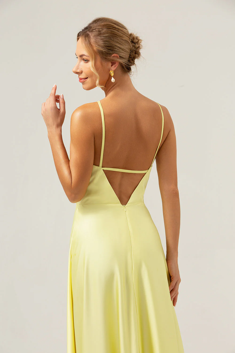 Yellow A Line Halter Kehole Backless Long Bridesmaid Dress with Flower - Image 8