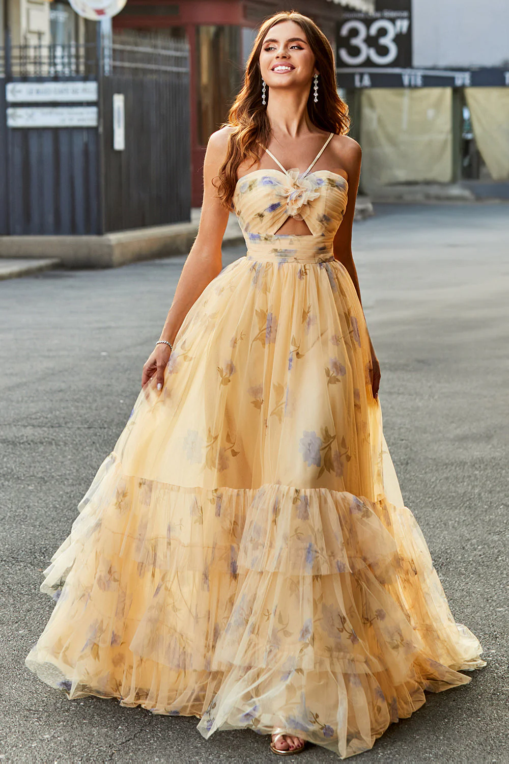 Yellow A-Line Halter Pleated Tulle Tiered Long Prom Dress With Embroidery - Image 6
