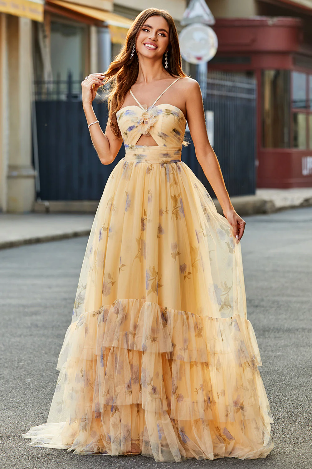 Yellow A-Line Halter Pleated Tulle Tiered Long Prom Dress With Embroidery - Image 7
