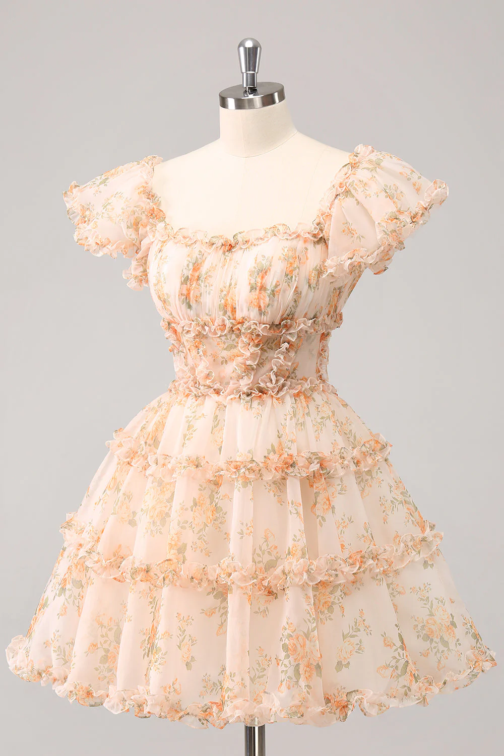 Yellow A-Line Ruffled Floral Print Graduation Dress - Image 3