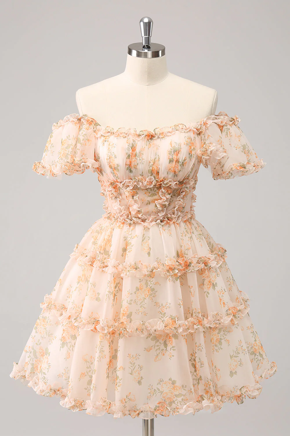 Yellow A-Line Ruffled Floral Print Graduation Dress - Image 4