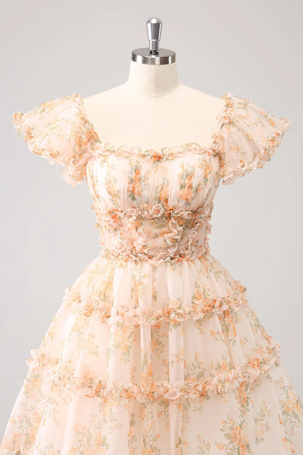 Yellow A-Line Ruffled Floral Print Graduation Dress - Image 6