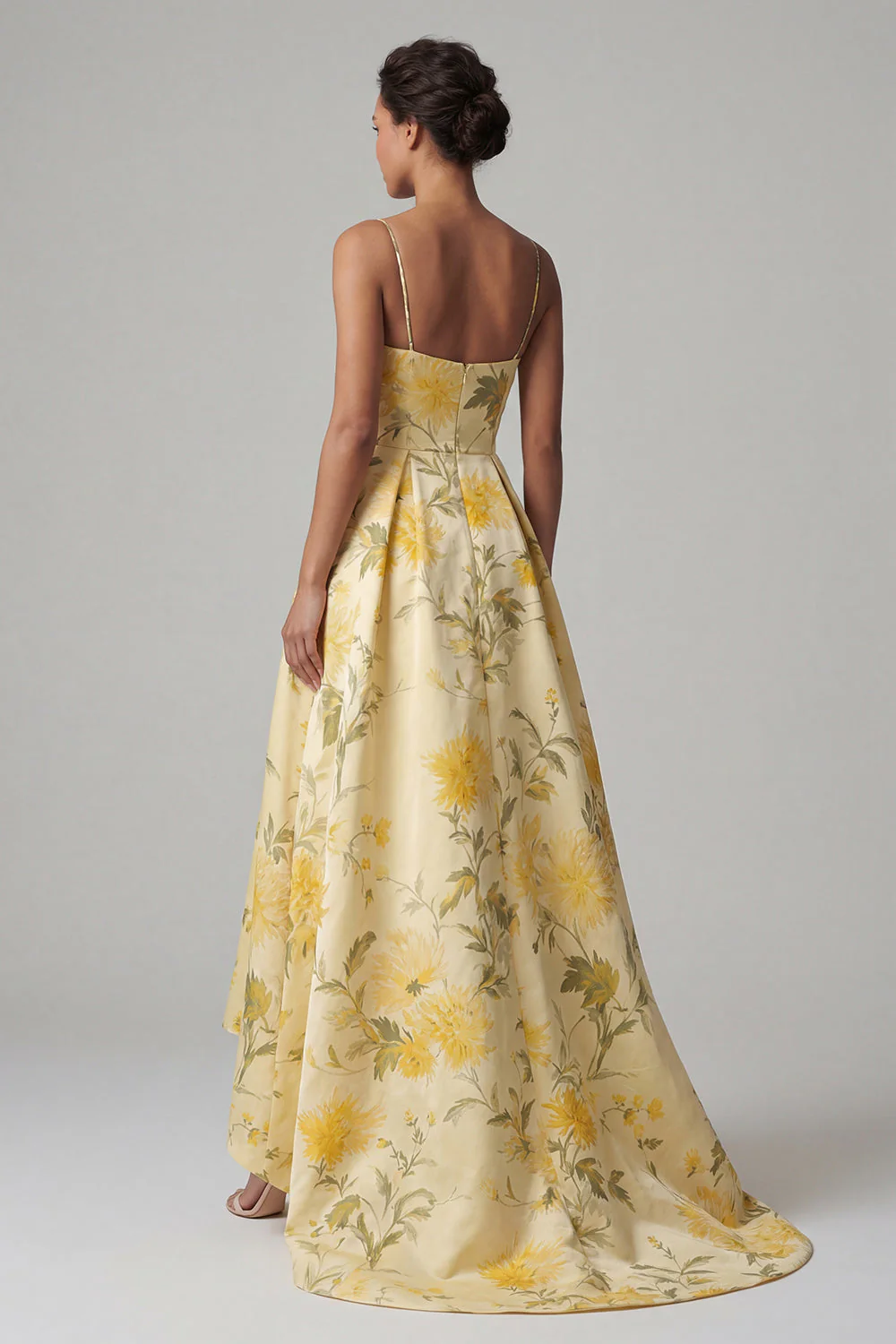 Yellow A Line Printed Spaghetti Straps High Low Floral Dress - Image 2