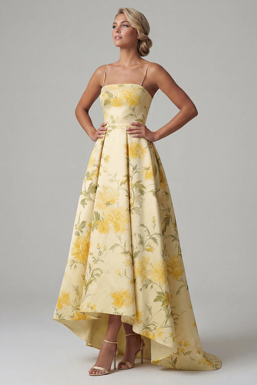 Yellow A Line Printed Spaghetti Straps High Low Floral Dress - Image 3