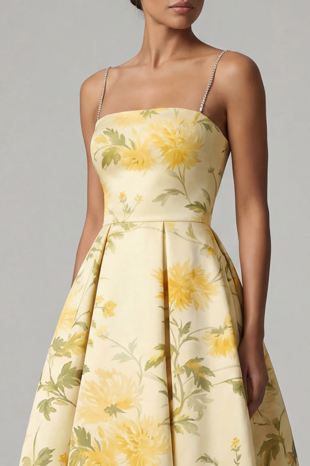 Yellow A Line Printed Spaghetti Straps High Low Floral Dress - Image 4