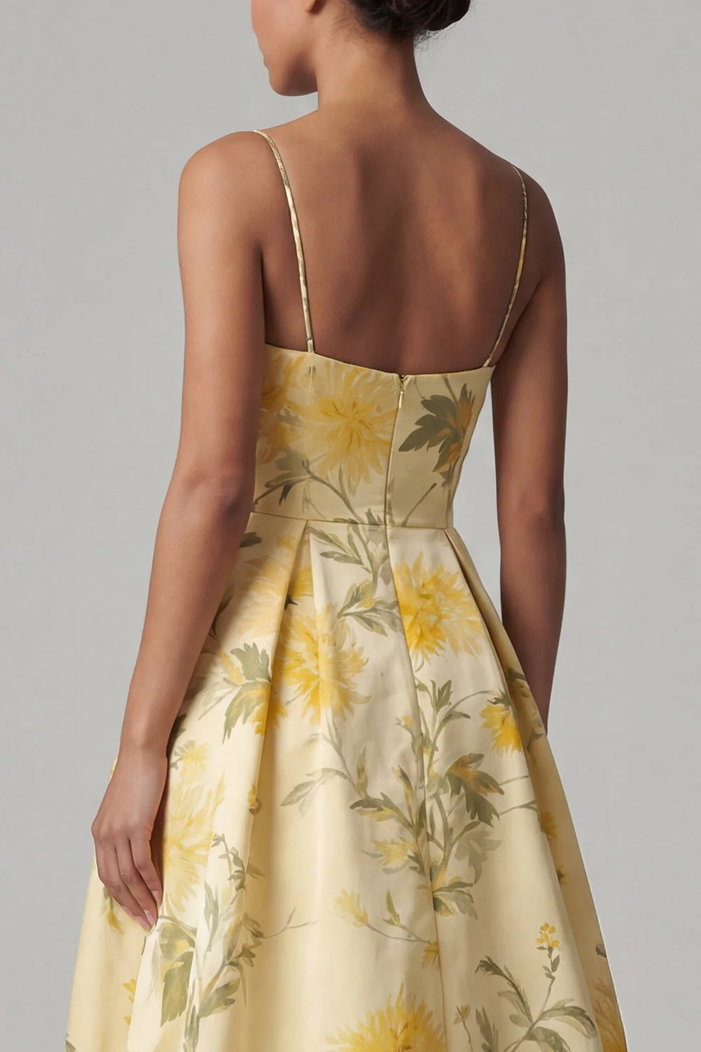 Yellow A Line Printed Spaghetti Straps High Low Floral Dress - Image 5