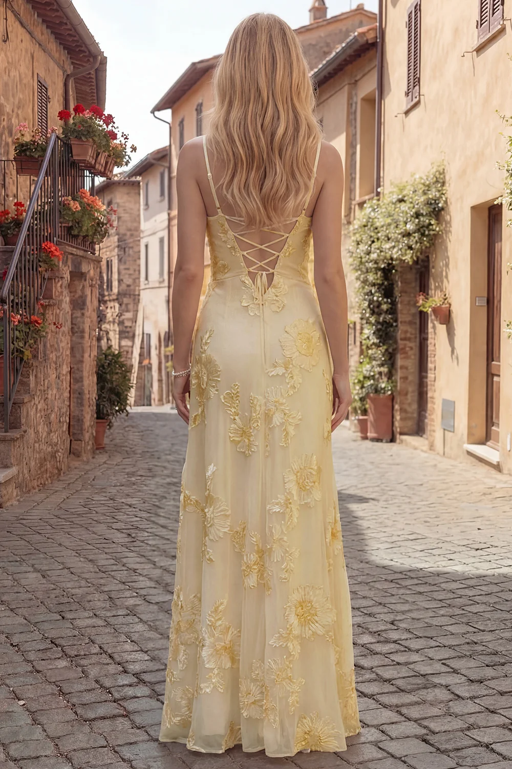 Yellow A-Line Spaghetti Straps Lace Up Back Long Prom Dress with Embroidery - Image 2