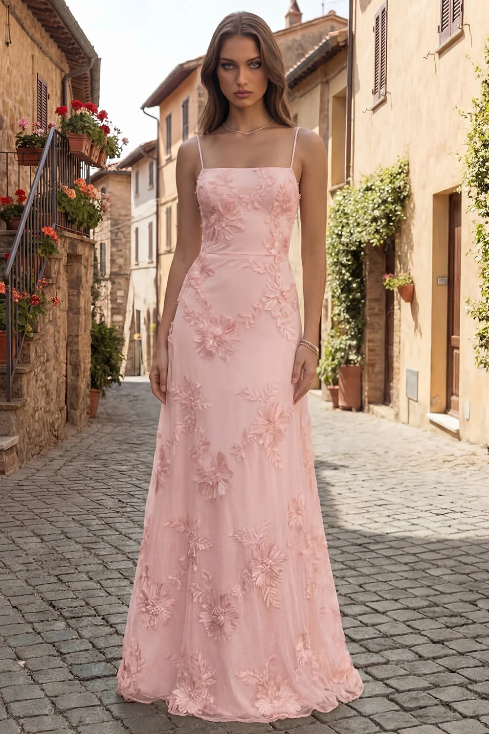 Yellow A-Line Spaghetti Straps Lace Up Back Long Prom Dress with Embroidery - Image 5